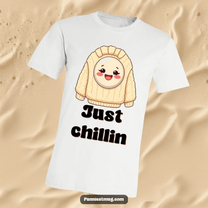 Funny T-Shirt: Exaggeratedly happy button stuck on a giant, fuzzy sweater, a humorous and cozy visual.