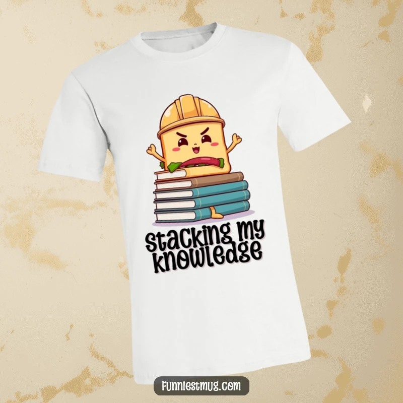 Funny Sandwich Hard Hat T-Shirt: A determined sandwich wearing a hard hat attempts to balance a wobbly stack of books, a funny graphic.
