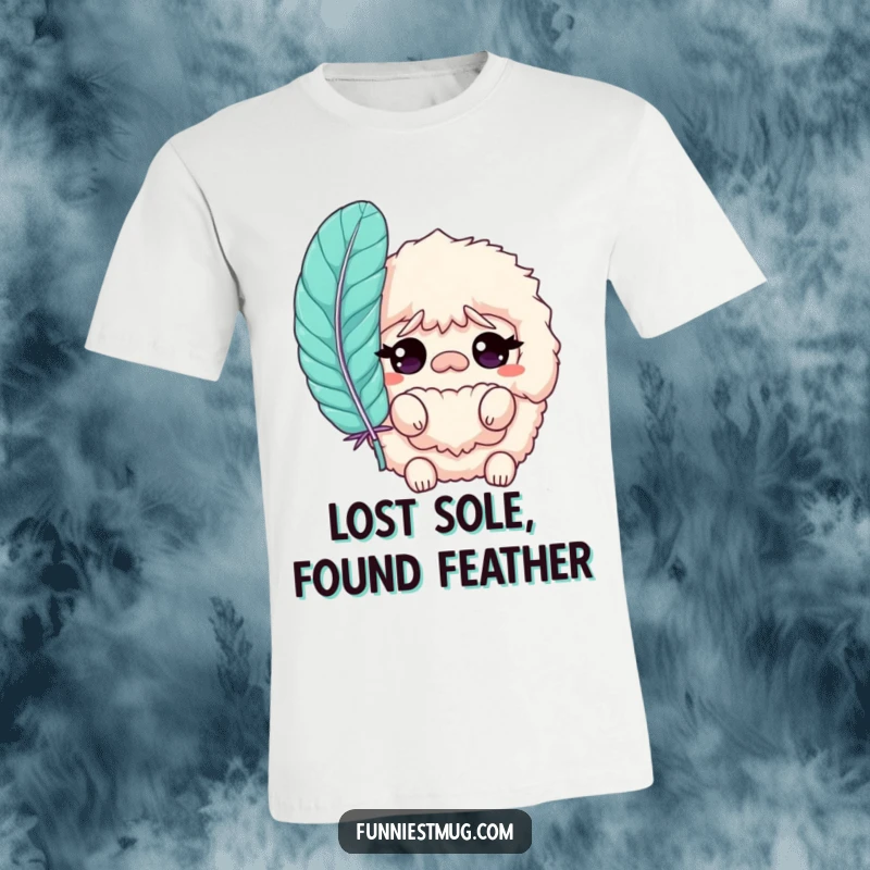 Funny Slipper T-Shirt showcasing a fluffy slipper character looking confused with a big feather, a hilarious addition to any casual outfit.