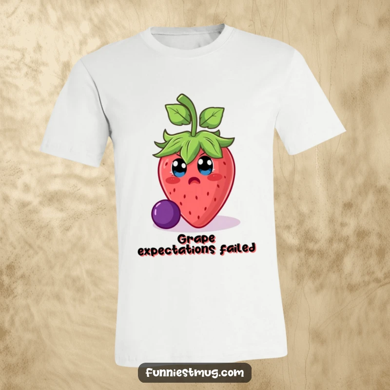 Funny strawberry character in mid-slip on a grape, eyes wide with surprise, printed on a t-shirt for a hilarious statement.