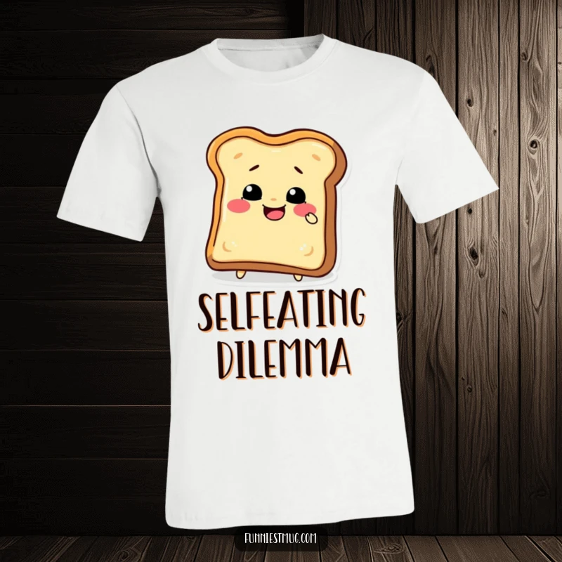 Funny toast slice character in a comical struggle to bite its own crust, printed on a t-shirt for delightfully absurd humor.