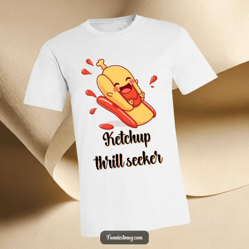 Funny hot dog t-shirt depicting a joyful frankfurter in a bun sliding down a ketchup slide, a hilarious and dynamic food-themed design.