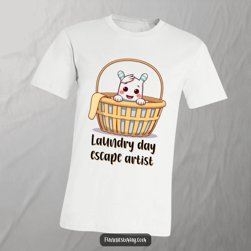 Funny t-shirt with a cheeky sock puppet peeking from an empty laundry basket, conveying pure mischief and playful intent.