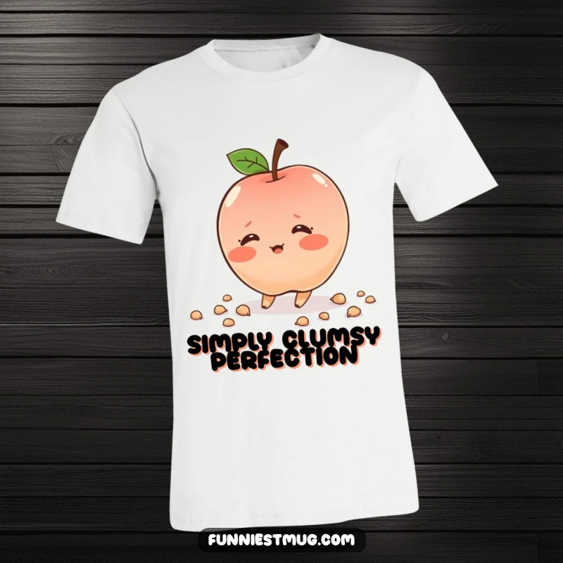 Funny shy apple character, tripping, scattering seeds, blushing cheeks, humorous apparel, great gift.