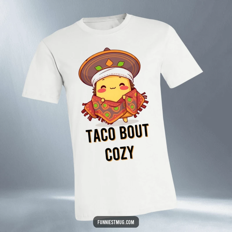 Funny proud taco character comically wearing a sombrero as a blanket, Mexican food humor on a t-shirt.