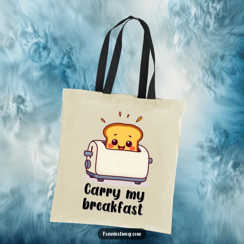 Funny Tote Bag illustrating smiling toast popping out of a toaster with a surprised expression, a humorous and practical accessory.