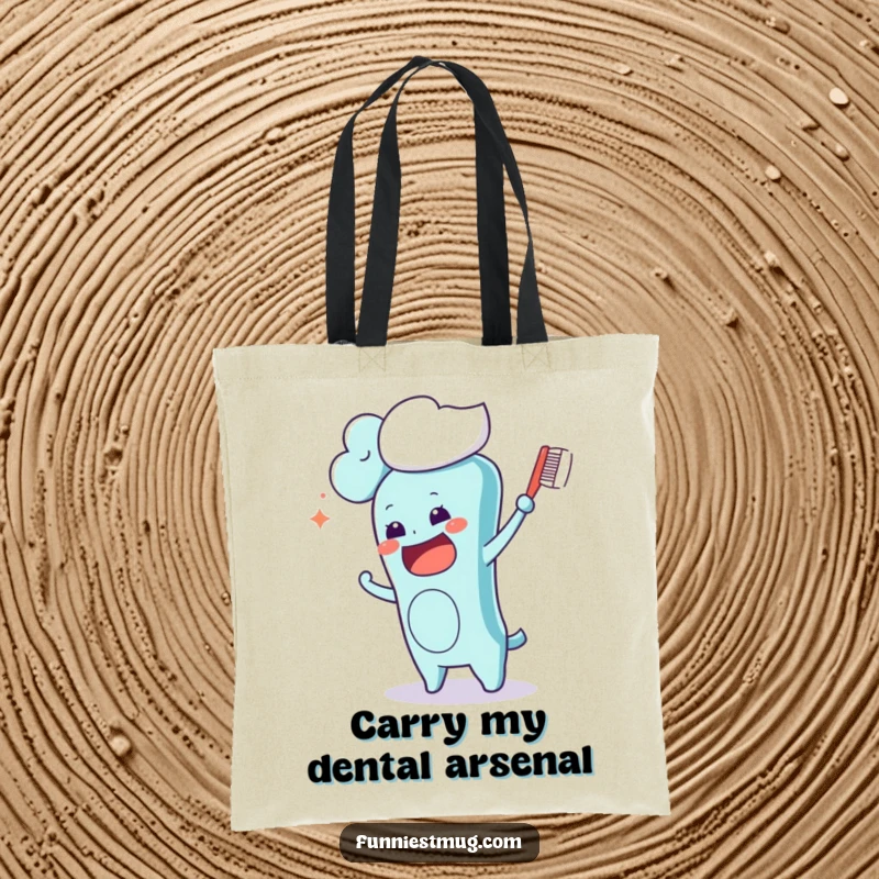 Funny Kawaii toothbrush character on a tote bag, comically attempting to brush a fluffy cloud passing by, a humorous and practical accessory.