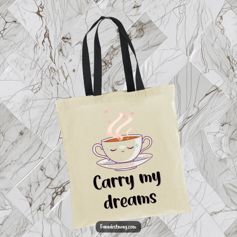 Funny Napping Teacup Tote Bag: Durable canvas tote showcasing a serene napping teacup dreaming in a swirl of steam, great for everyday use.