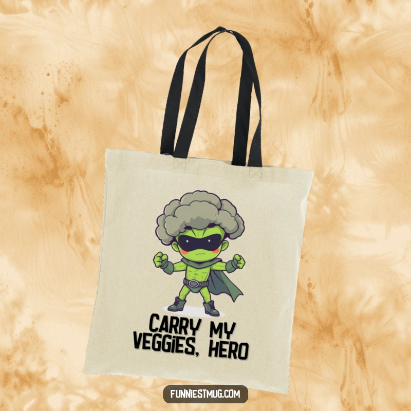 Funny broccoli superhero tote bag, flexing powerfully, perfect for carrying groceries or heroic deeds.