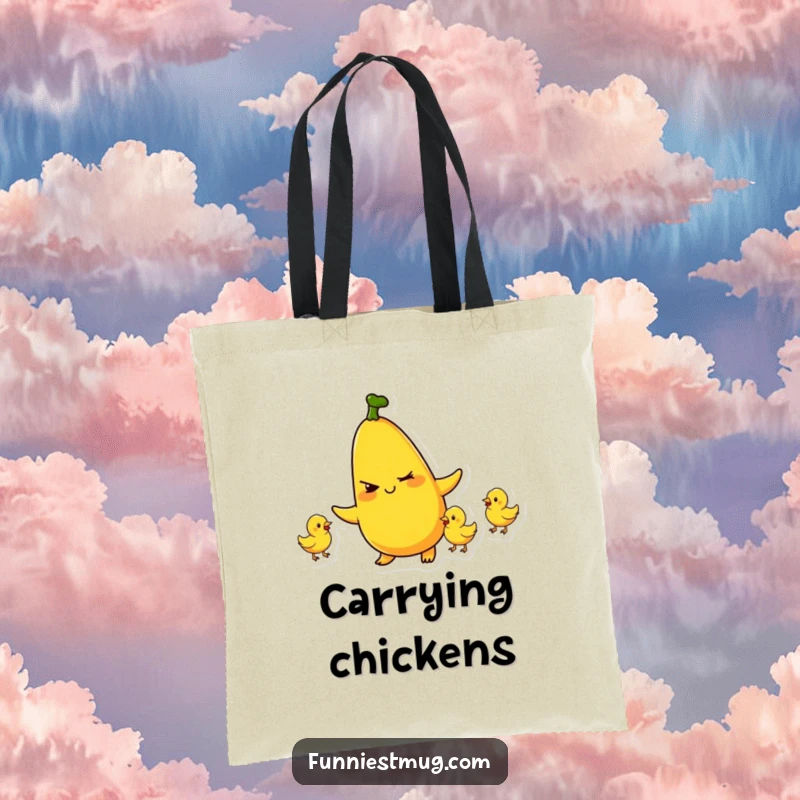 Funny tote bag with a mischievous banana character winking and juggling tiny rubber chickens, a whimsical and humorous carry-all.