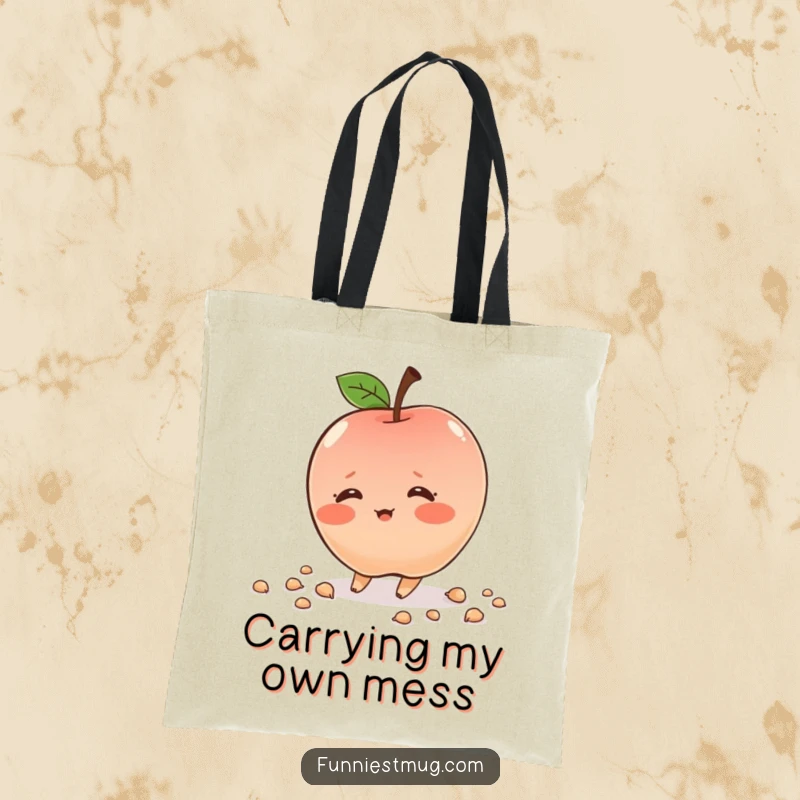 Funny apple character, tripping and scattering seeds, cute tote bag, carrying humor and essentials, perfect gift.