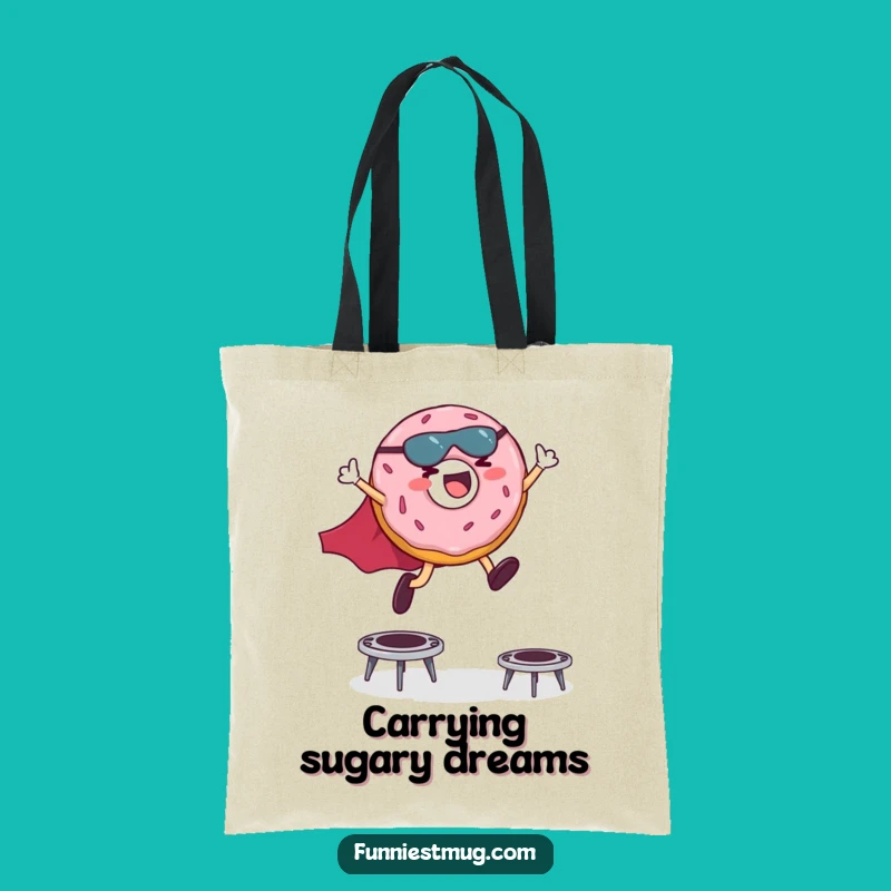 Funny Superhero Donut Tote Bag: Giggling Hero Trampoline Leaps Accessory