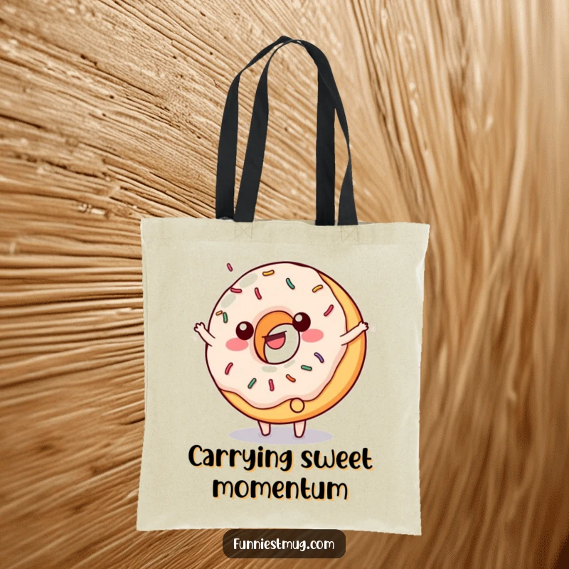 Funny tote bag with a happy, sprinkled donut doing a cartwheel, frosting dramatically flying.