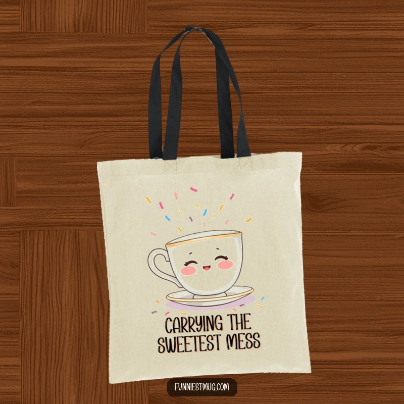 Funny tote bag with a shy teacup character with rosy cheeks desperately trying to escape a flood of tiny, colorful sprinkles. Practical and cute.