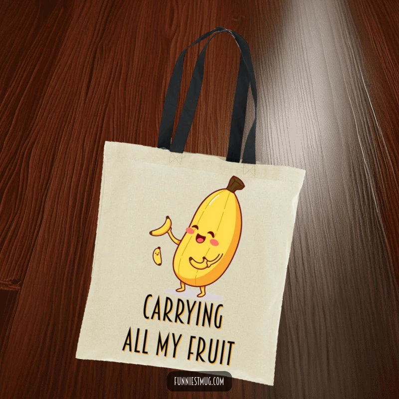 Funny banana juggling tote bag, a winking banana expertly juggling smaller bananas, practical and amusing.