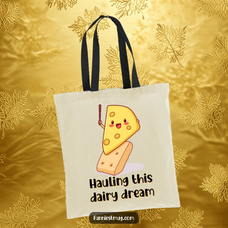 Funny tote bag illustrating a determined cheese wedge character pole vaulting over a cracker, combining practicality with humorous dairy-themed athletic action.