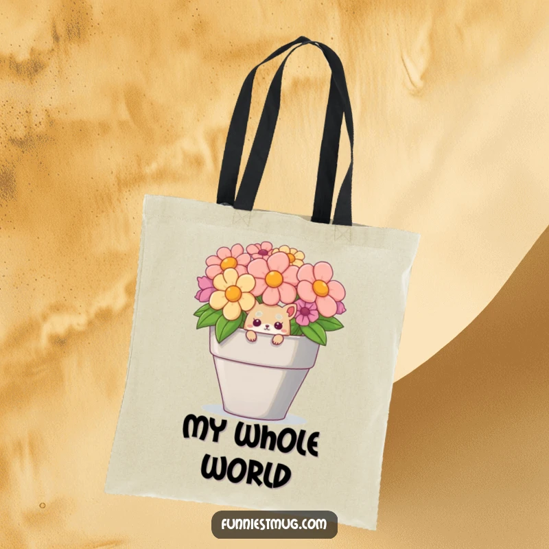 Durable funny tote bag with a cute creature peeking from a massive teacup, perfect for shopping and more.
