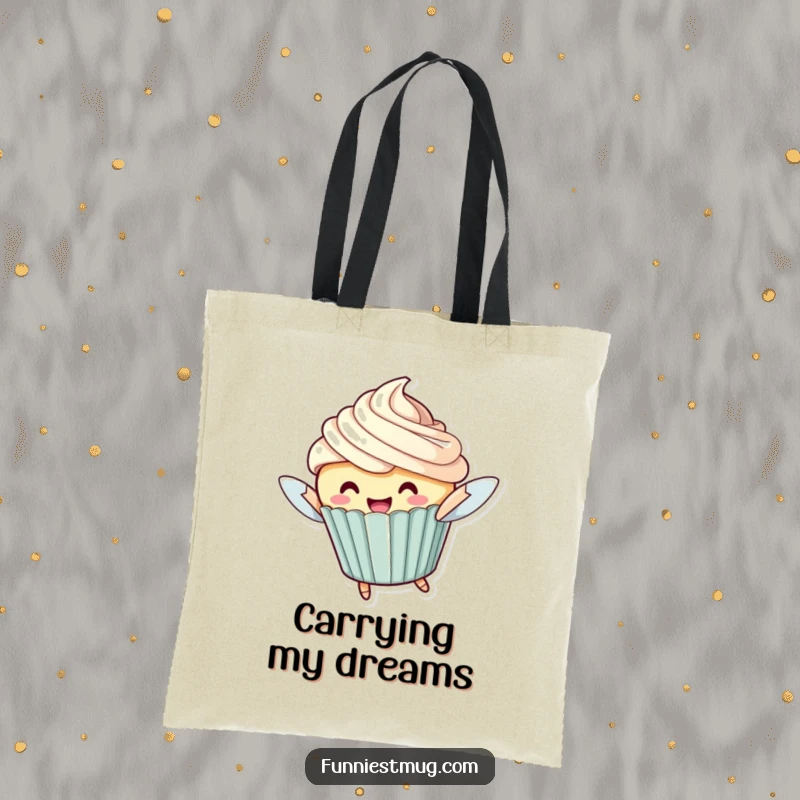 Funny Flying Cupcake Tote Bag: A cheerful cupcake character with oversized frosting attempting to fly, perfect for shopping.