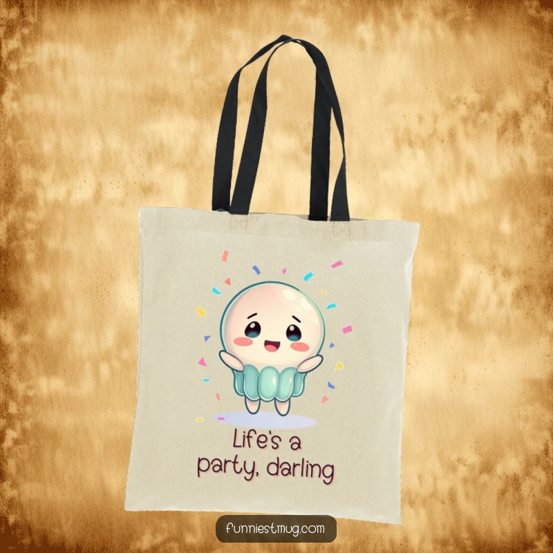 Funny Jelly Joy Tote Bag showcasing a wobbly jelly character joyfully catching falling confetti, ideal for carrying daily items.