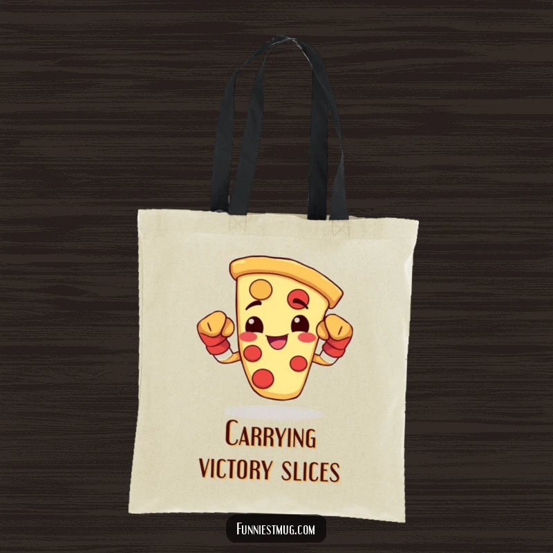 Funny tote bag with a happy pizza slice wearing tiny boxing gloves and flexing, perfect for carrying strength.