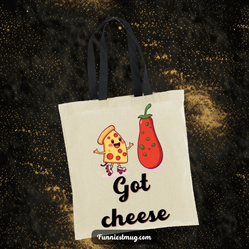 Funny Pizza Roller Skater Tote Bag: A smiling pizza slice with roller skates wobbles towards a pepperoni, a very funny accessory.