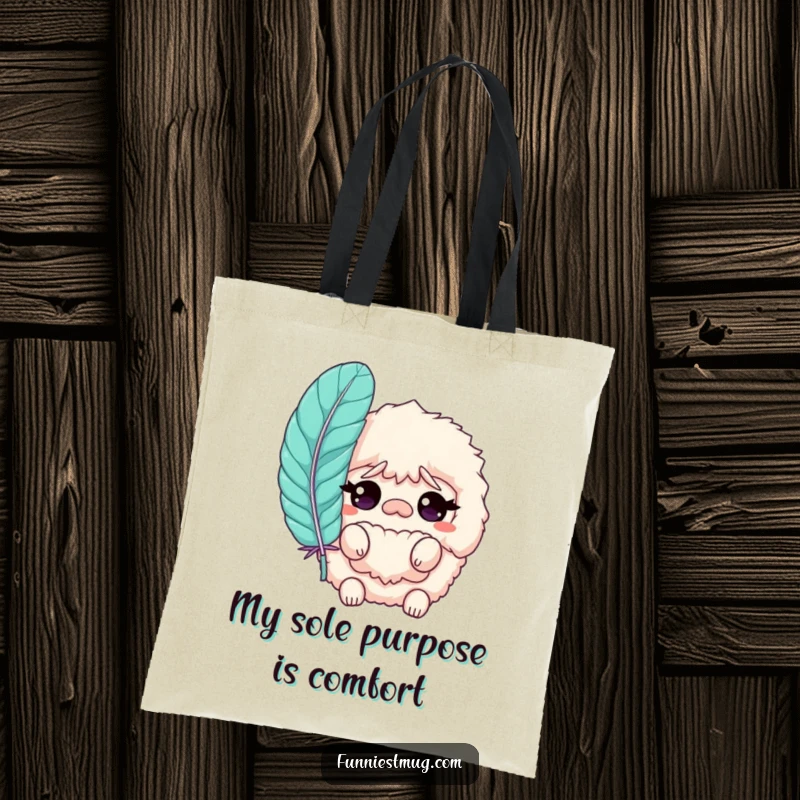 Funny Slipper Tote Bag featuring a fluffy, confused slipper character adorned with a large feather, ideal for carrying groceries or daily items.