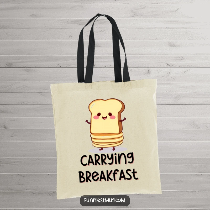 Funny tote bag with a smug slice of toast balancing a wobbly stack of pancakes, ready to tumble humorously.