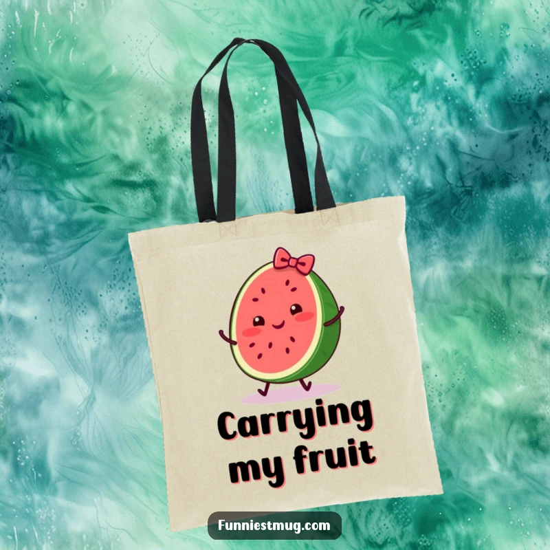 Funny tote bag showcasing a cheerful watermelon slice with a bow, comically tripping, ideal for carrying groceries or beach essentials.