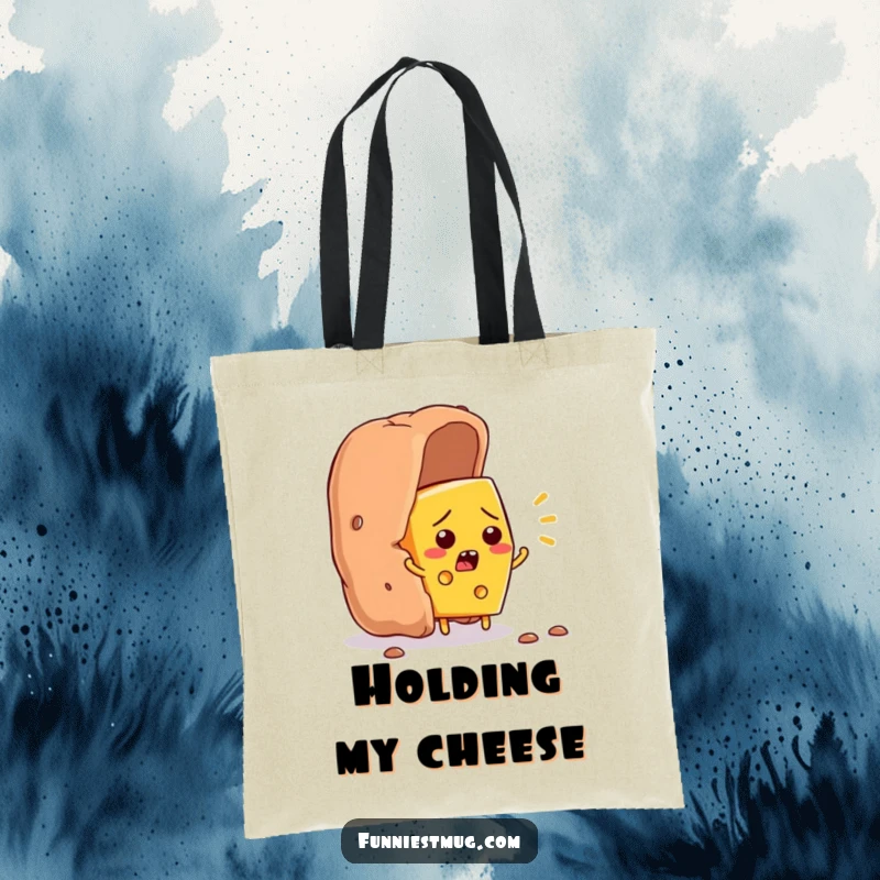 Funny cheese slice character flustered, trying to escape a giant cracker, humorous food art on a durable tote bag.
