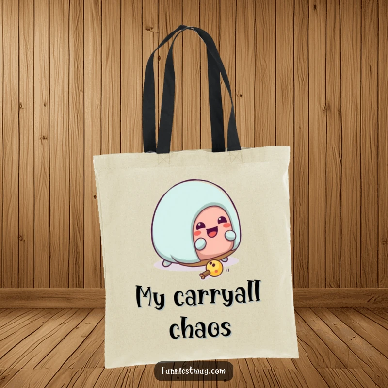 Funny Kawaii house slipper character hilariously tripping over a toy, featured on a practical and humorous tote bag.