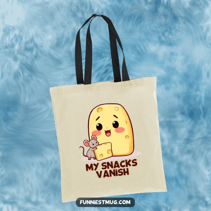 Funny Kawaii tote bag featuring a surprised cheese character and a tiny mouse caught in the act of stealing a wedge.