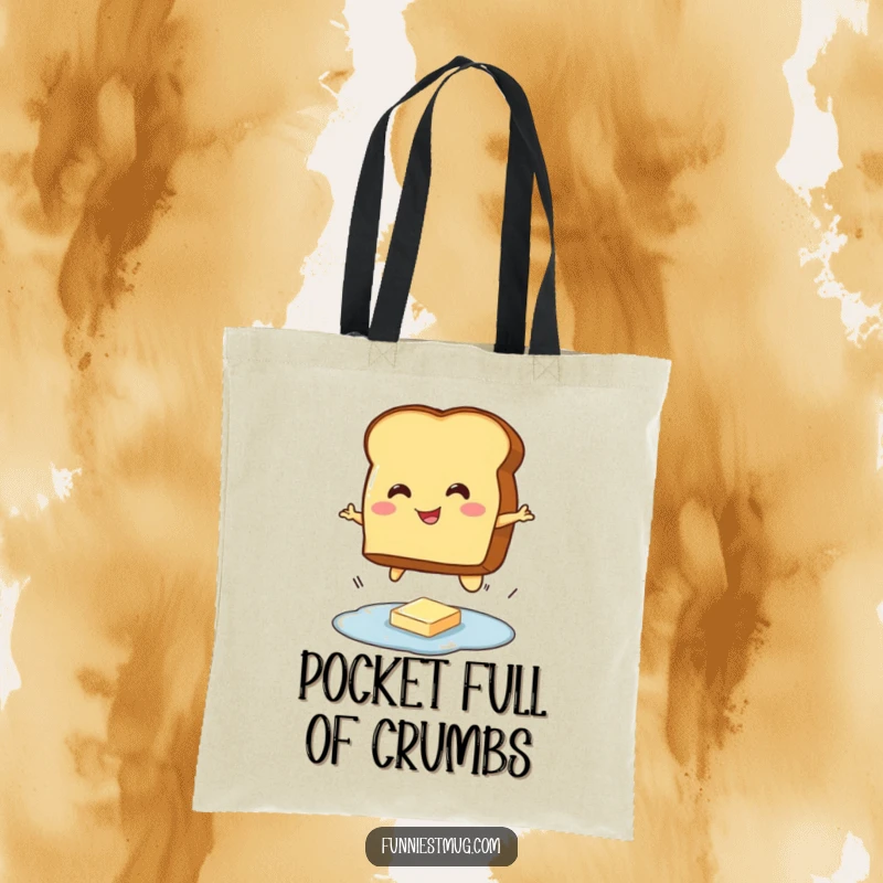 Funny tote bag showcasing a happy toast character leaping over a small butter puddle, ideal for carrying essentials with a smile.